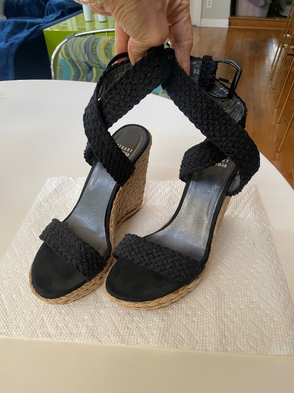 Stuart Weitzman Alexlo Crochet braided Black Wedge Sandals size 8.5